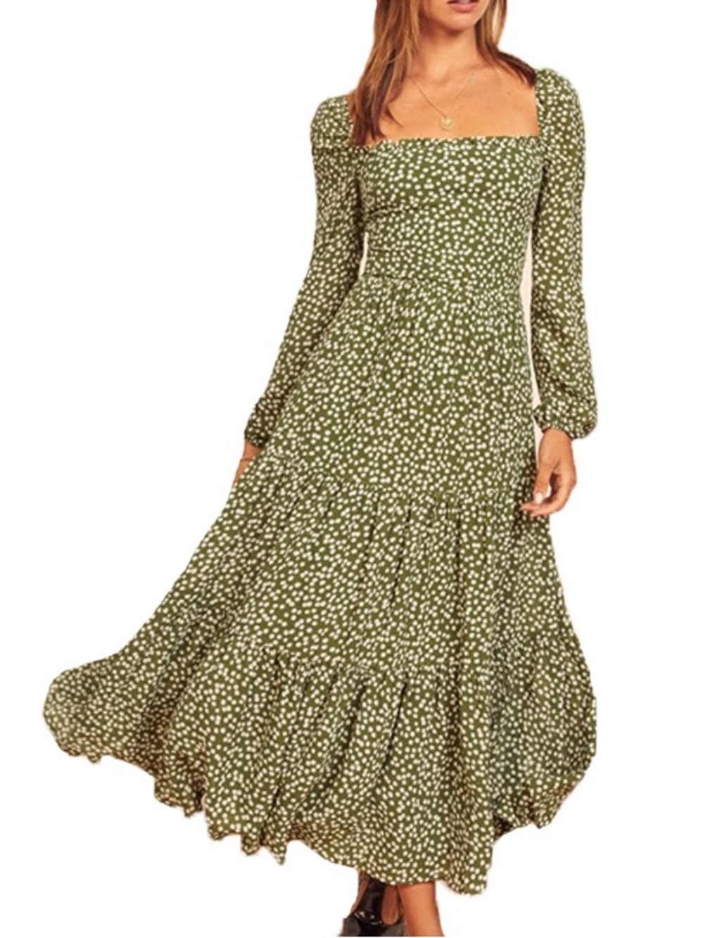 Reformation Green Polka Dot Long Puffy Sleeve Sigmund Moiret Midi Dress